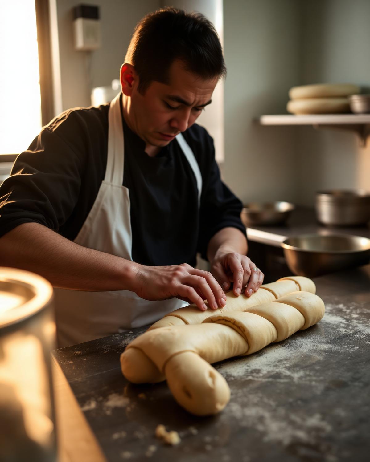 Baker shaping fresh Vietnamese baguettes